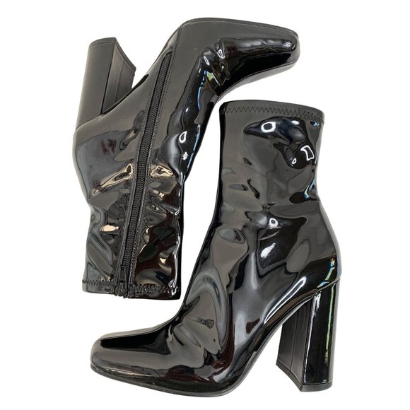 Steve Madden 6M  Lynden Black Patent Square Toe Ankle Boots Block Heels 8332 - Picture 2 of 9